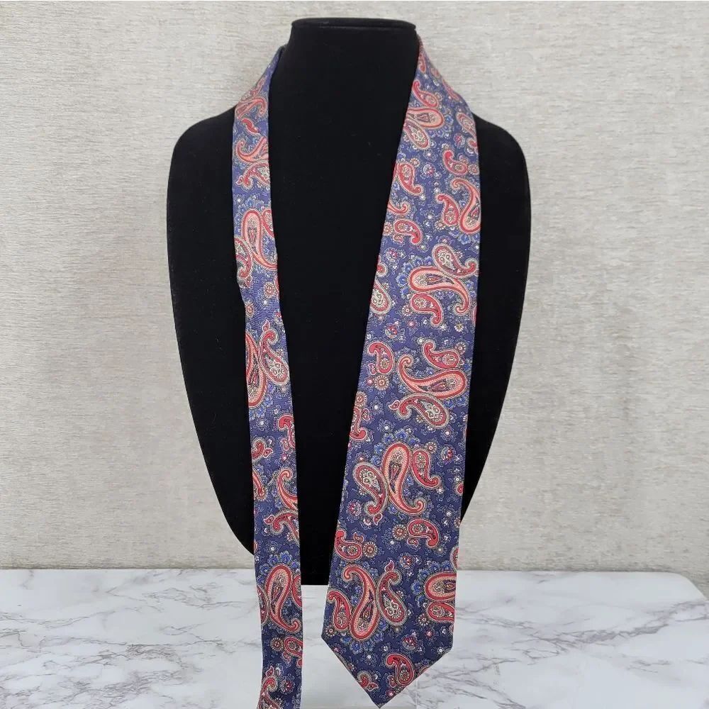 Dior Blue and Red Silk Tie with Paisley Design